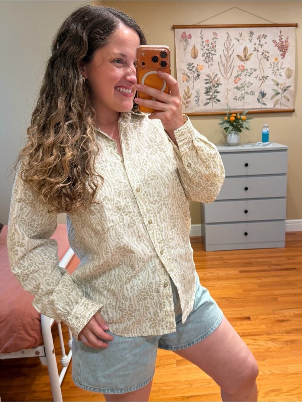 Vintage Liz Claiborne LizWear Light Cream Printed Button-Up Shirt Cotton Medium